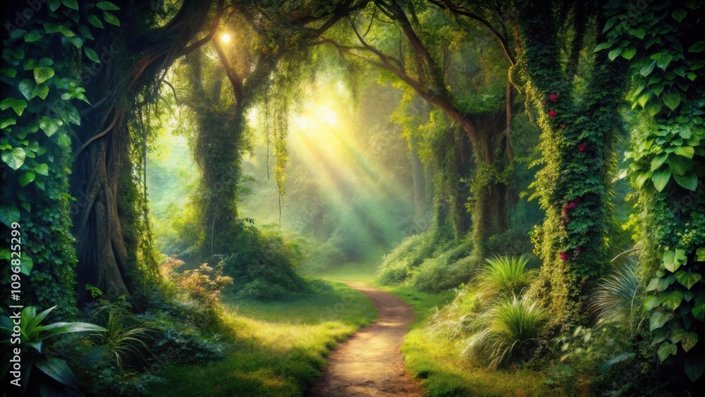 Poster sunbeams illuminate a mystical path through lush greenery, where vines climb ancient trees and folia