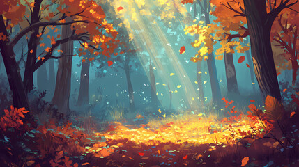 Obraz premium Serene forest scene with sunlight filtering through autumn leaves and trees, creating a magical atmosphere in nature. Magical Forest Whispers. Illustration