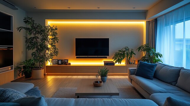Modern living room interior design with warm led lighting and plants