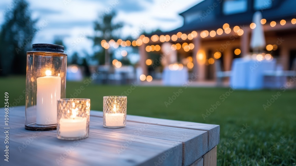 Poster the image portrays a spacious outdoor area adorned with warm lighted lanterns on a table, creating a