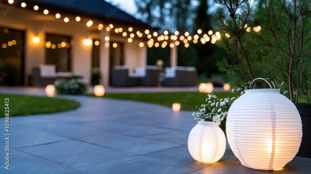 Poster the image captures an evening setting with glowing paper lanterns and string lights, creating a sere