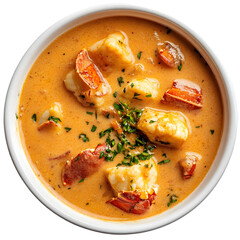 Creamy Lobster Bisque Served in a White Bowl isolated on white background