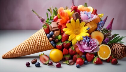 A vibrant fruit and flower arrangement in a waffle cone.
