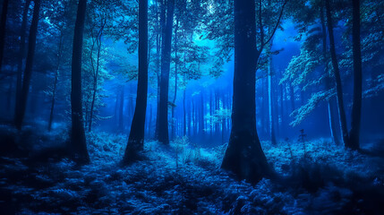 Fototapeta premium Mystical forest with eerie blue glow and dark trees. Magical Forest Whispers. Illustration