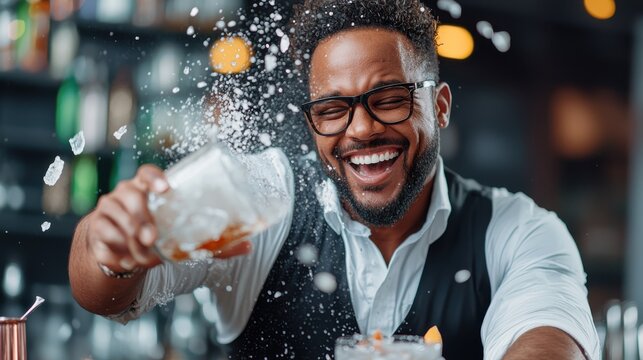 An exuberant bartender with glasses and a big smile energetically pouring a drink with ice splashing everywhere in an indoor bar environment filled with light.