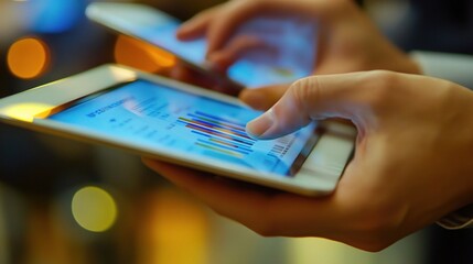 Financial Analysts Collaboratively Examining Data on Tablets for Business Insights with Colorful Graphs and Charts in Modern Office Environment