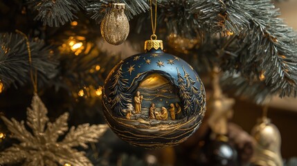 Elegant Blue Christmas Ornament with Nativity Scene Adorning a Festive Tree, Detailed Golden Accents and Glowing Lights for Holiday Cheer and Celebration