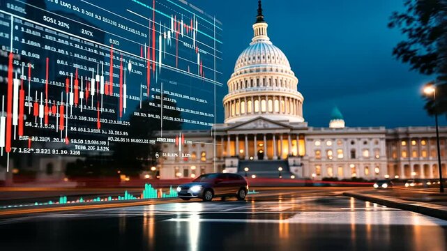 The Capitol Building with floating stock prices and trading data, displaying the influence of the stock market on legislative policy.