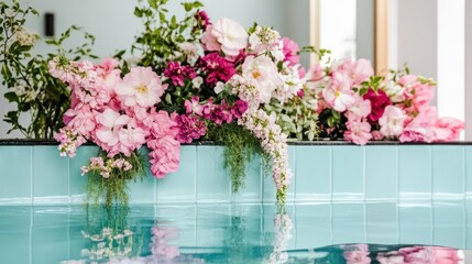 Fototapeta premium Luxurious pink and magenta flowers adorn a teal pool's edge.