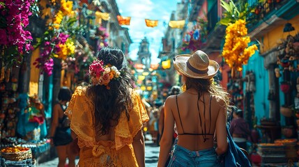 A vibrant street festival in Mexico with tourists enjoying traditional foods