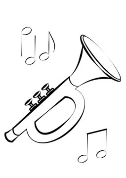 A vectori illustration of children's toy trumpet, designed for coloring. The drawing features clean black lines on a white background, showcasing simple details like mouthpiece, valves, and bell.