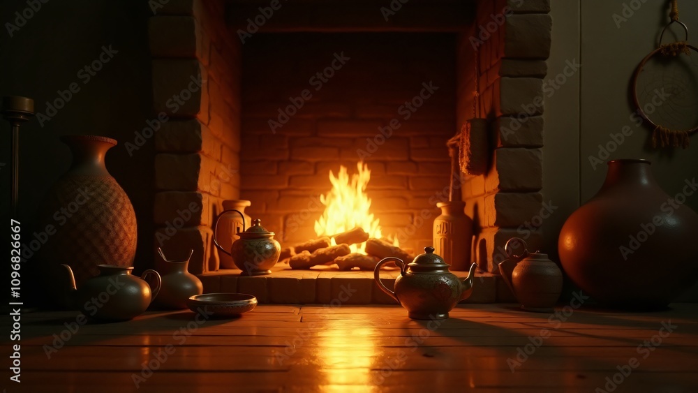 Poster a glowing hearth surrounded by objects symbolizing different cultures, creating warmth and a sense o