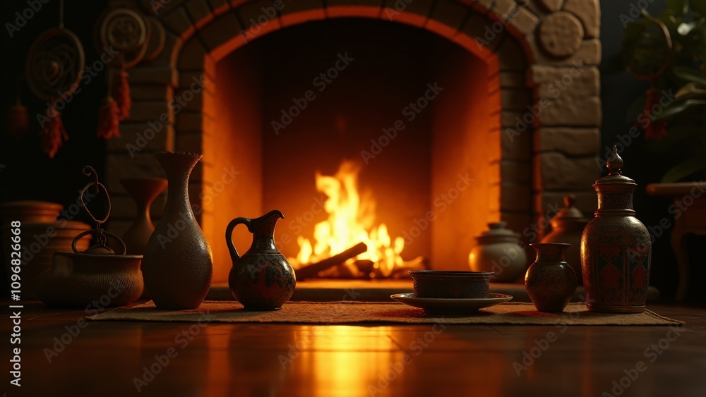 Poster a glowing hearth surrounded by objects symbolizing different cultures, creating warmth and a sense o