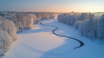 Serene Winter Wonderland: A Frozen River Meanders Through a Snow-Covered Forest at Sunrise