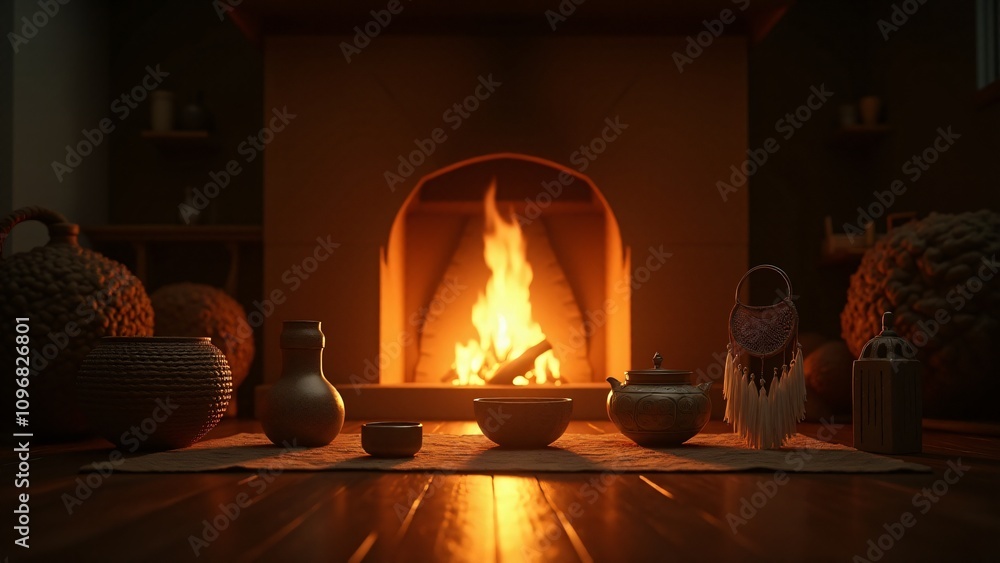 Poster a glowing hearth surrounded by objects symbolizing different cultures, creating warmth and a sense o