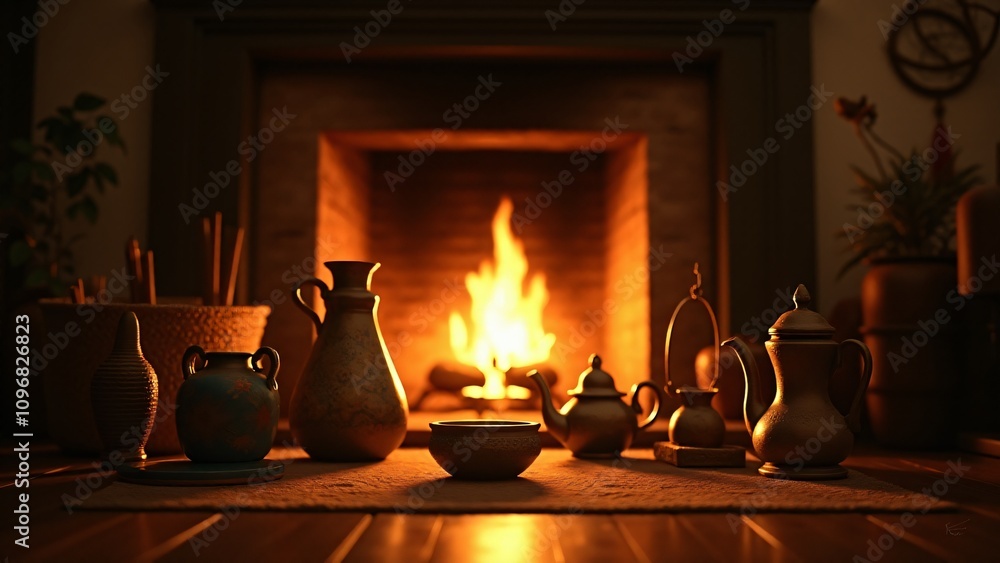 Aufkleber a glowing hearth surrounded by objects symbolizing different cultures, creating warmth and a sense o