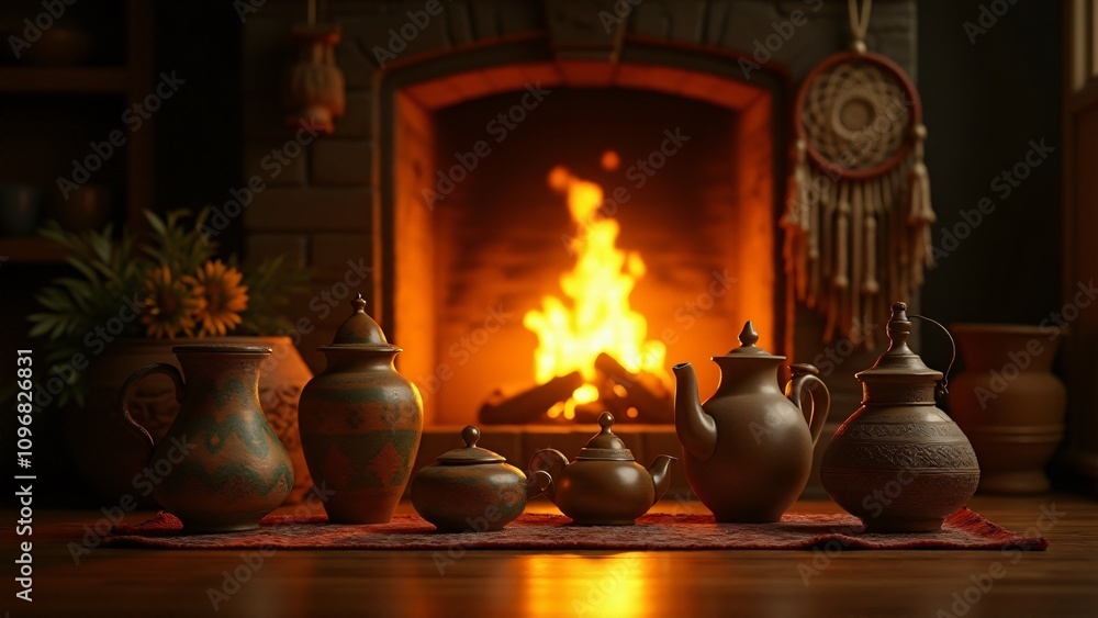 Poster a glowing hearth surrounded by objects symbolizing different cultures, creating warmth and a sense o