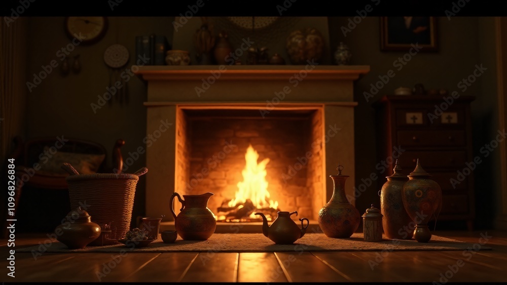 Poster a glowing hearth surrounded by objects symbolizing different cultures, creating warmth and a sense o