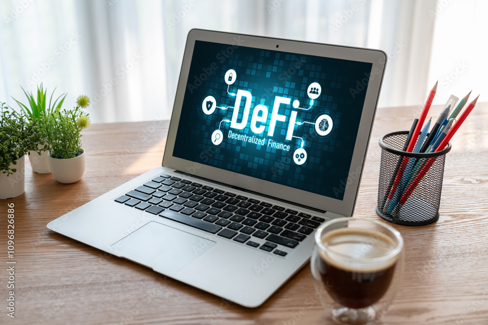 Poster decentralized finance or defi concept on modish computer screen . the defi system give new choice of