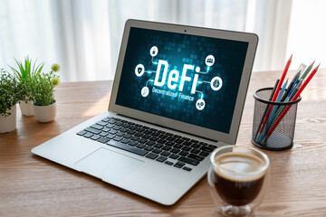Decentralized finance or DeFi concept on modish computer screen . The defi system give new choice...
