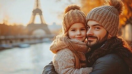 A family posing near a famous monument in Paris on a sunny day