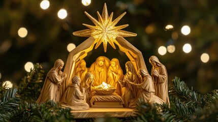 Intricate Wooden Nativity Scene with Soft Glow and Star Accents Set Against a Blurred Background of Twinkling Lights