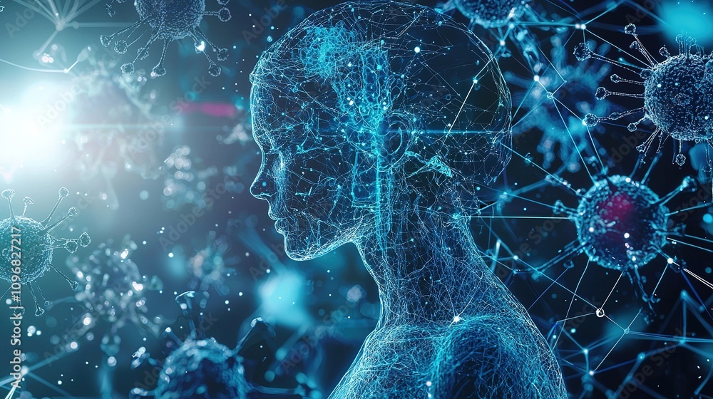 Poster a digital representation of a human head, integrated with abstract data patterns and molecular struc