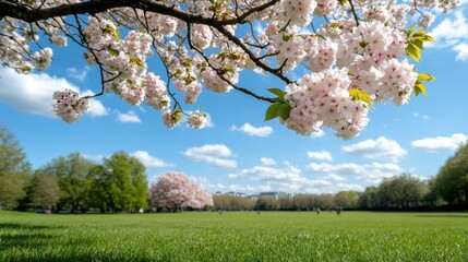 Fototapeta premium Cherry blossoms extend across a vast, open sunny field under a clear blue sky, embodying the beauty and tranquility of springtime's refreshing atmosphere.
