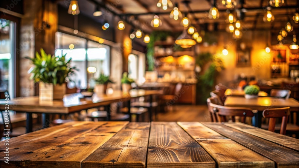 Poster Empty wooden table in a warm and inviting restaurant setting with rustic decor and soft lighting
