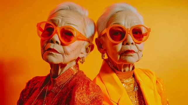 Stylish Elderly Twin Models Posing in Bold Outfits under Dramatic High-Contrast Lighting