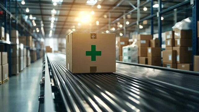 A box with a green cross moves smoothly along a conveyor belt in a bright, spacious warehouse, symbolizing secure medical deliveries.