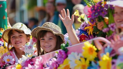 Fototapeta premium Colorful Easter Parade with Joyful Children on Flower-Adorned Floats in Small Town Celebration
