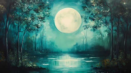 Fototapeta premium Craft a captivating, serene oil painting of an enchanting, mystical moonlit forest. Magical Forest Whispers. Illustration