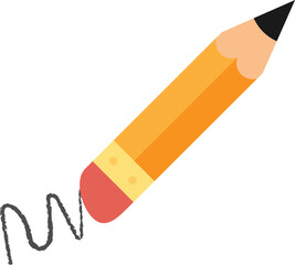Simple, stylized illustration of a yellow pencil with an orange hue, pink eraser, and black tip, drawing a squiggly black line.
