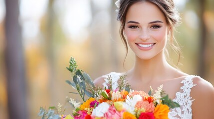 Naklejka premium A radiant bride with a bright smile holding a vibrant bouquet of colorful flowers in an outdoor setting, symbolizing happiness and celebration on a special day.