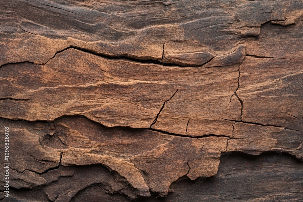 Poster a close-up view of textured wood showing natural cracks and grains, highlighting its rustic and aged