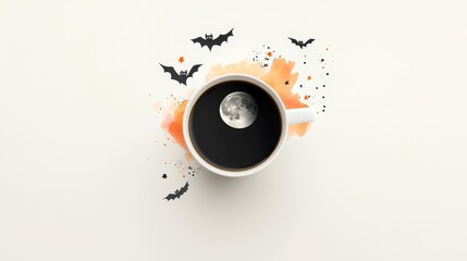 A cup of coffee with a moon and bats on top