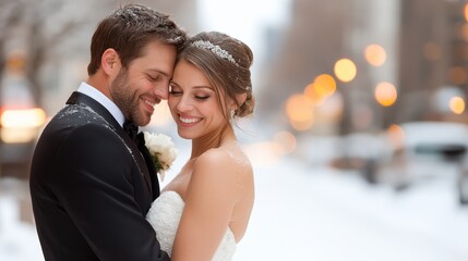 A couple in wedding attire warmly embrace amidst softly falling snow. Their radiant expressions and enchanting moment evoke love and intimate joy on their special day.