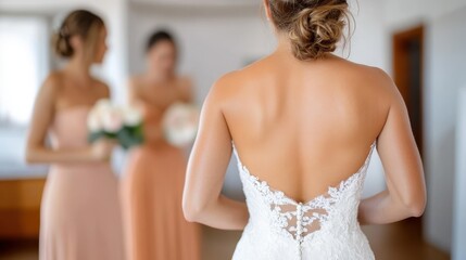 A bride in a lace back wedding dress stands with bridesmaids in peach dresses, sharing a joyful moment before the ceremony, highlighting friendship and love.