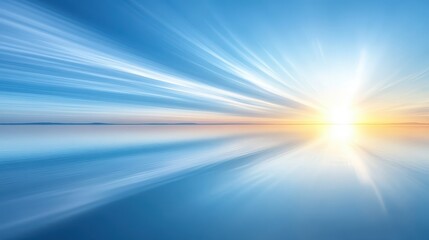 Serene sunrise over calm water with light rays.