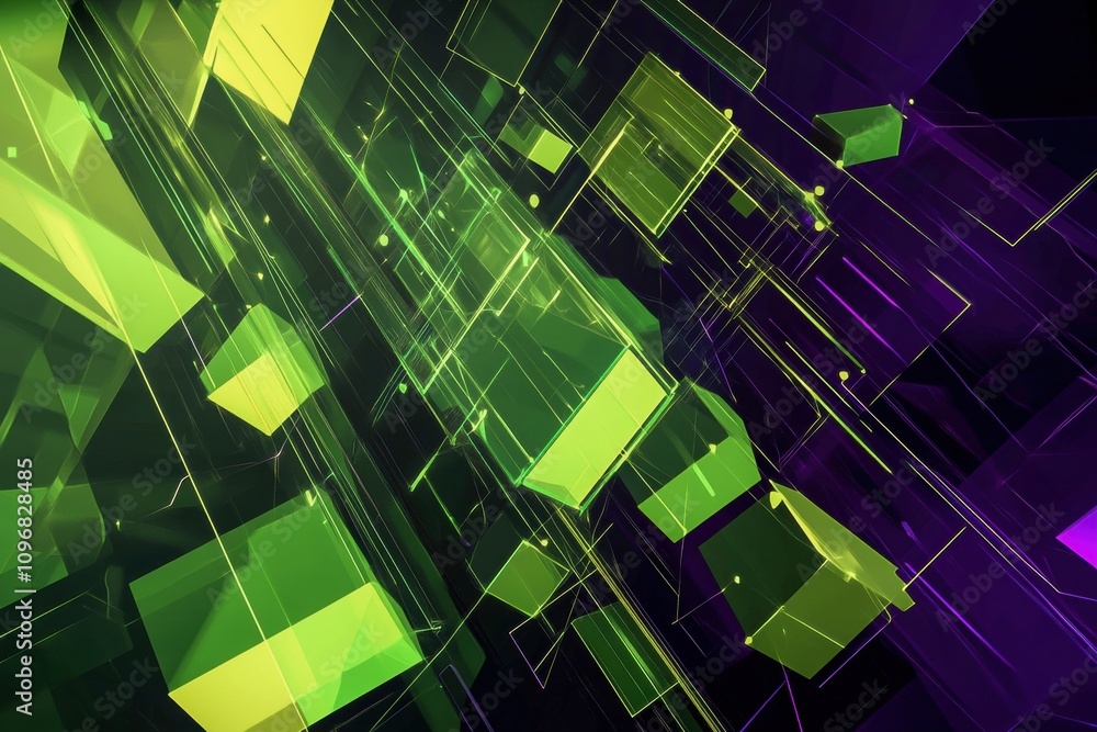 Poster dynamic geometric abstract design featuring green and purple elements. generative ai