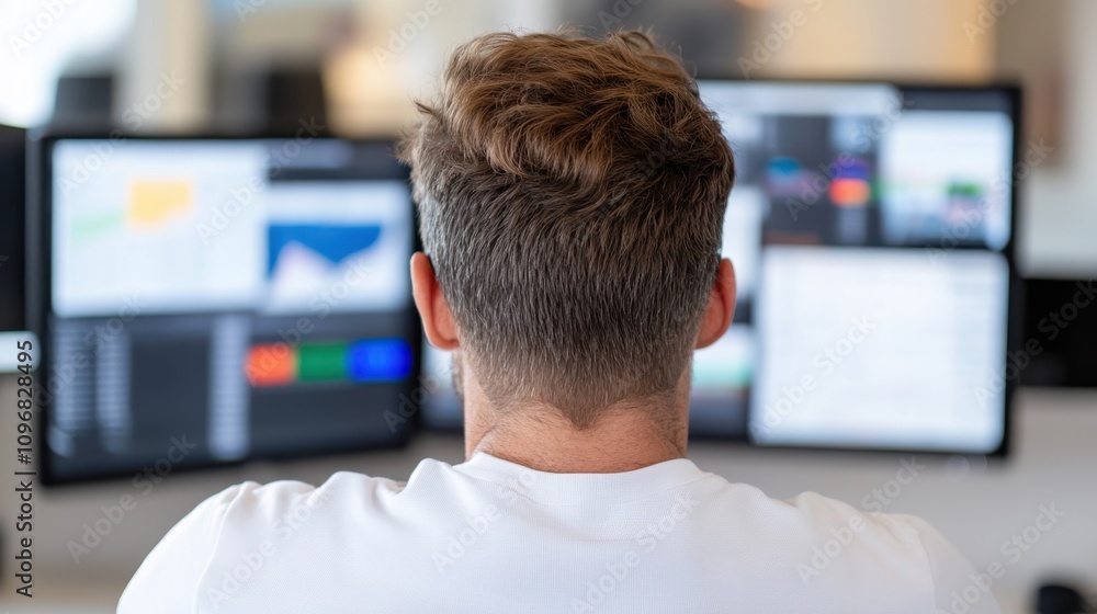 Poster a man in a white shirt is depicted from behind, concentrating on numerous charts and graphs displaye