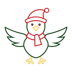 Vector Outline of a Cheerful Bird with Wings Spread, Adorned in a Santa Hat and Scarf on a White Background