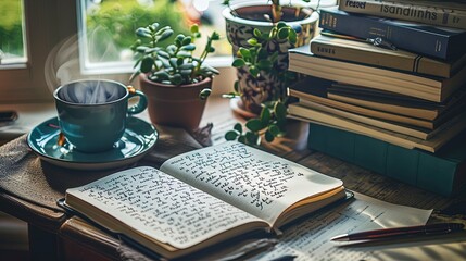 Writer drinking hot coffee and writing notes in notebook at home
