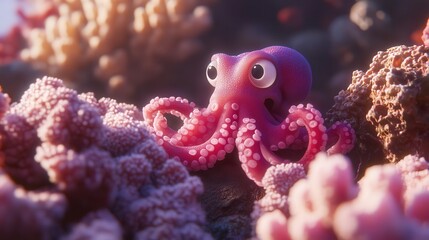 Fototapeta premium Adorable cartoon octopus among coral reef.