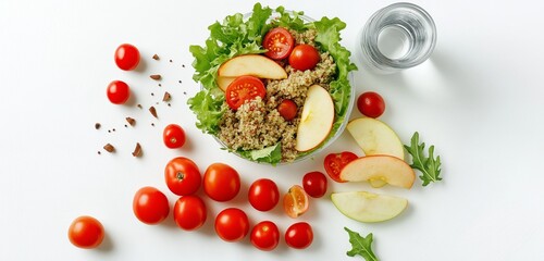 A nutritious school lunch with a quinoa salad, cherry tomatoes, apple slices, and a small water bottle placed neatly on a plain white surface, offering a balanced and fresh look.
