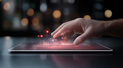 A hand is touching a tablet screen with a red glow
