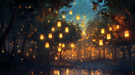 Obraz premium A magical forest illuminated by floating lanterns at dusk. Magical Forest Whispers. Illustration