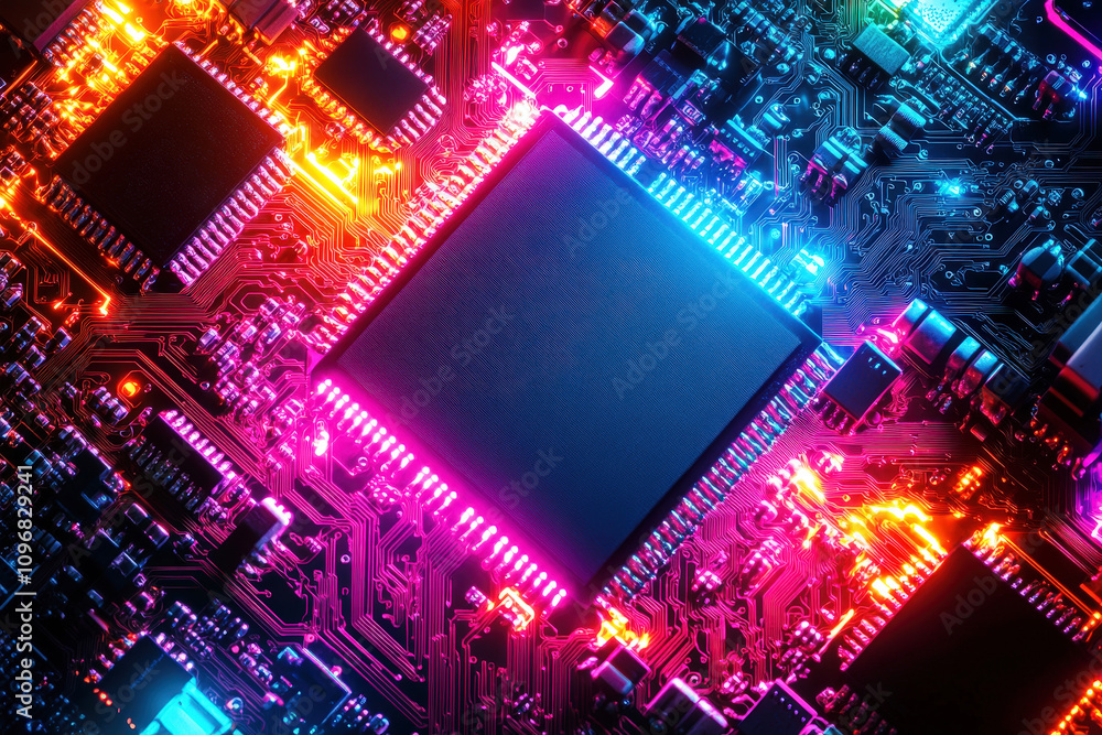 Aufkleber a circuit board glows with bright colors, showcasing intricate details of electronic components in a