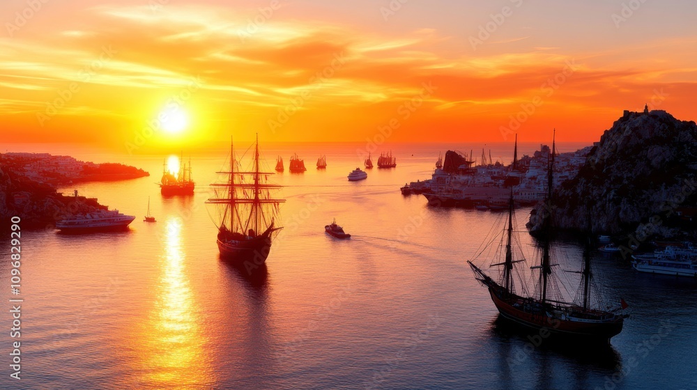 Poster a captivating sunset scene featuring various sailing ships in a bay, highlighted by the vibrant colo